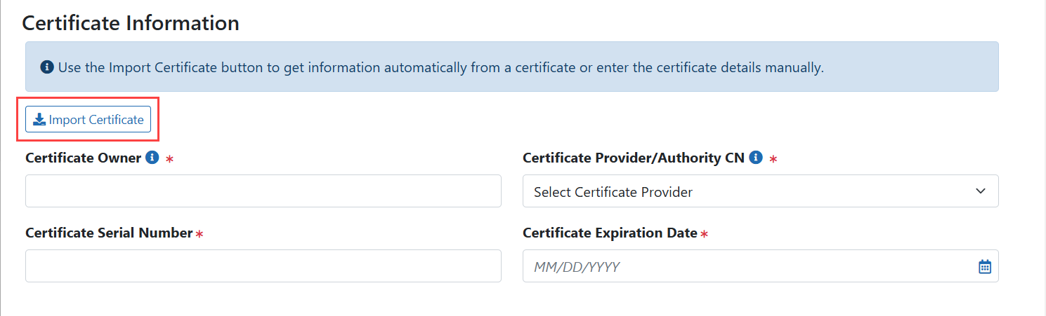 The Create System Account screen's Certificate Information section showing the Import Certificate upload button