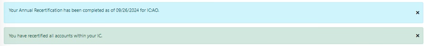 Blue Annual Recertification Completed banner and Green Recertification success banner