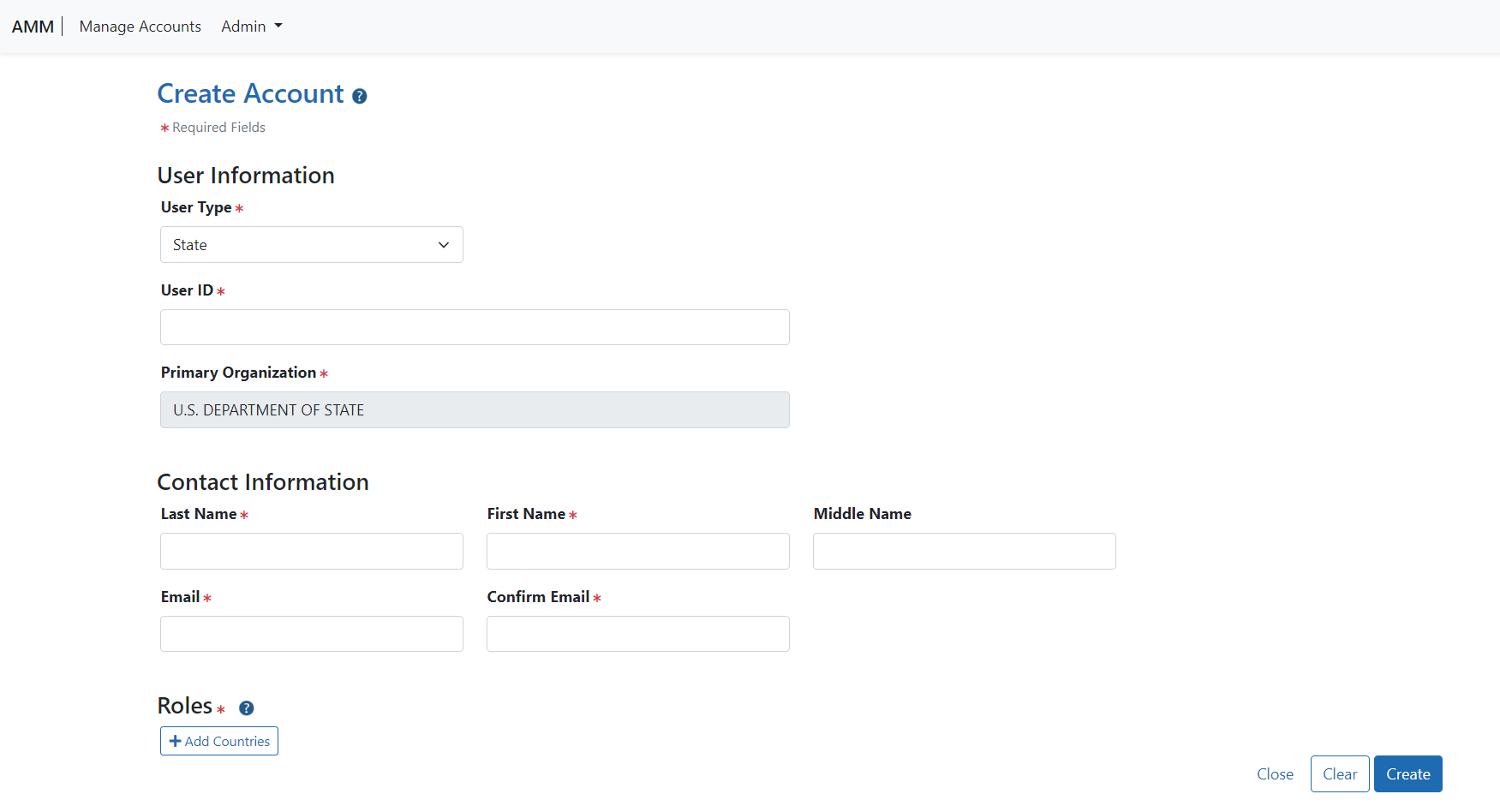 Create Account Screen for State Department Users