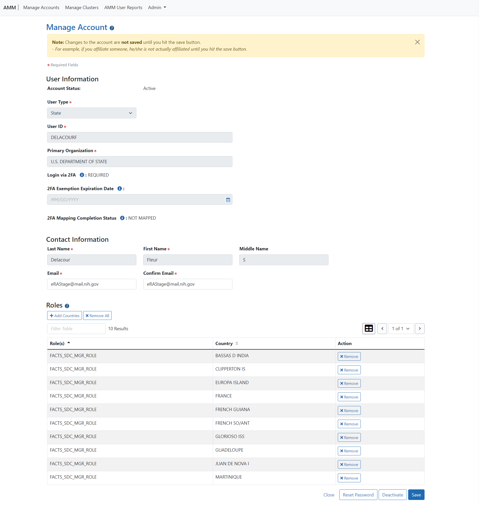 Manage Account Screen for State Department Users