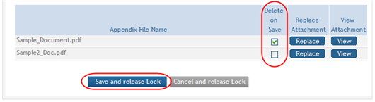 A table of attachments is shown with the Delete on Save column/checkbox highlighted