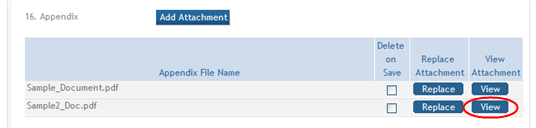 A table of attachments is shown, with the View button highlighted