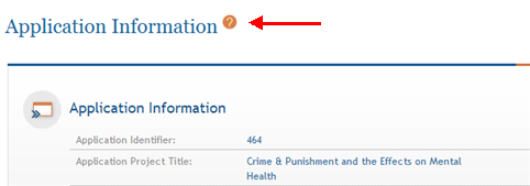 Image shows a sample of a '?' help icon. This sample is of the Application Information page '?'