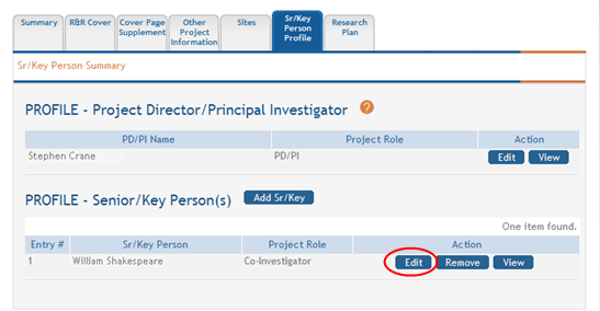 Sr/Key Person Summary is shown, highlighting the Edit button for PROFILE-Senior/Key Person(s) section