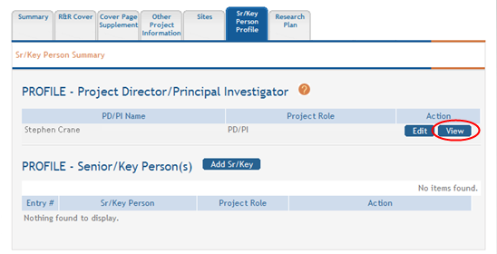 Sr/Key Person Summary for Overall Component