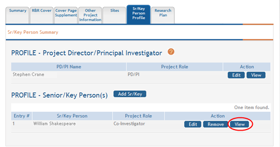 The Sr/Key Person Summary is displayed, highlighting the View button under PROFILE-Senior/Key Person(s) section