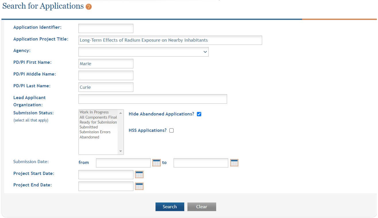 Search for Applications page with parameters filled out. Search button is at the bottom.