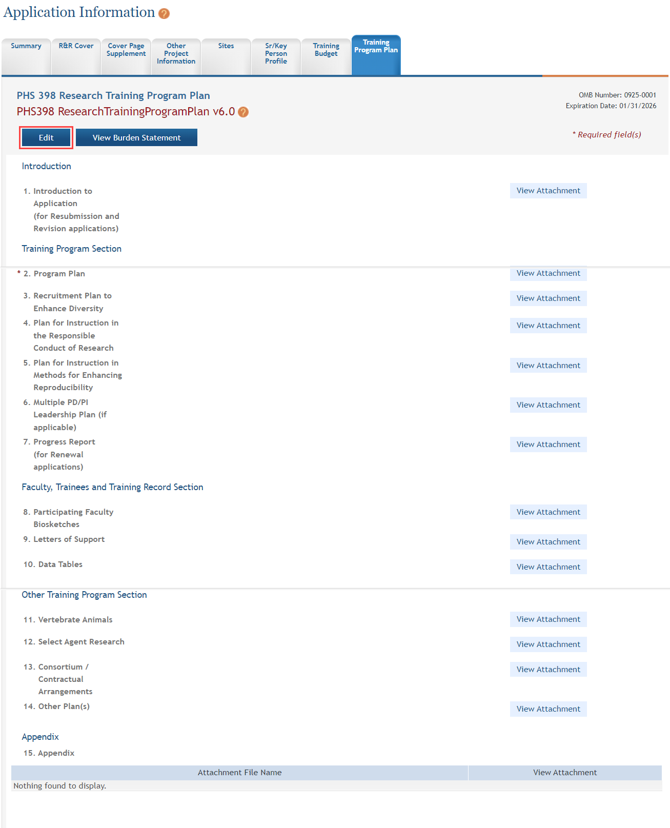 PHS 398 Research Training Program Plan form