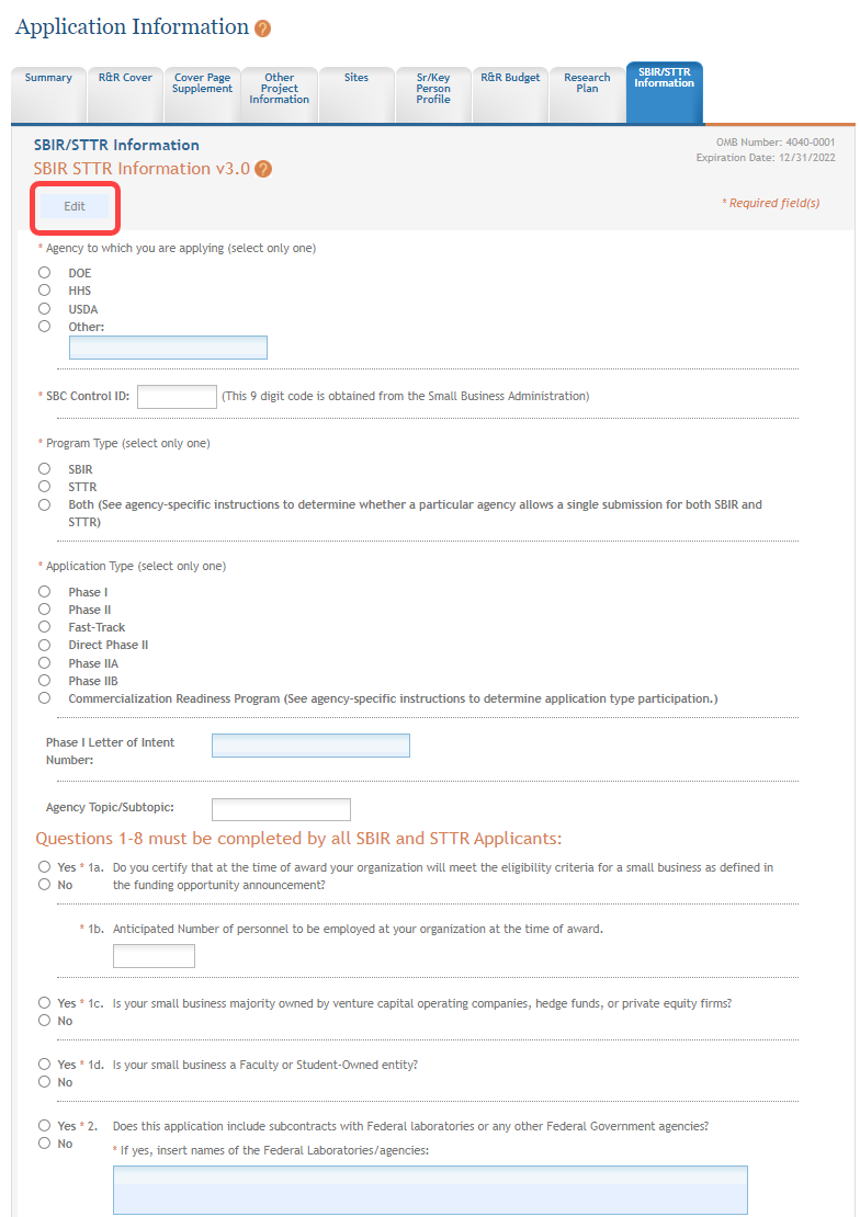 Top part of the SBIR/STTR form