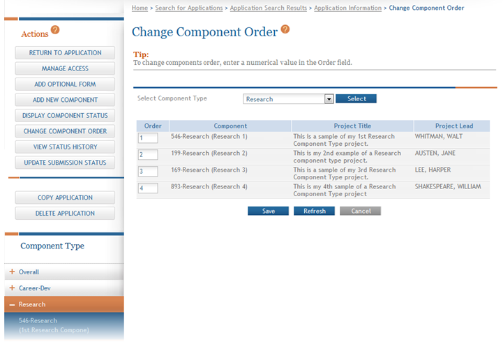 Sample of 4 components of type Research for an application in their current order