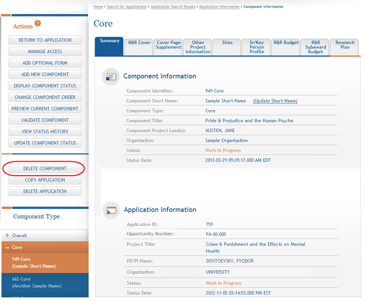 Component summary page highlighting the Delete Component action button