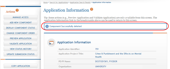Application Information screen showing: Component successfully deleted