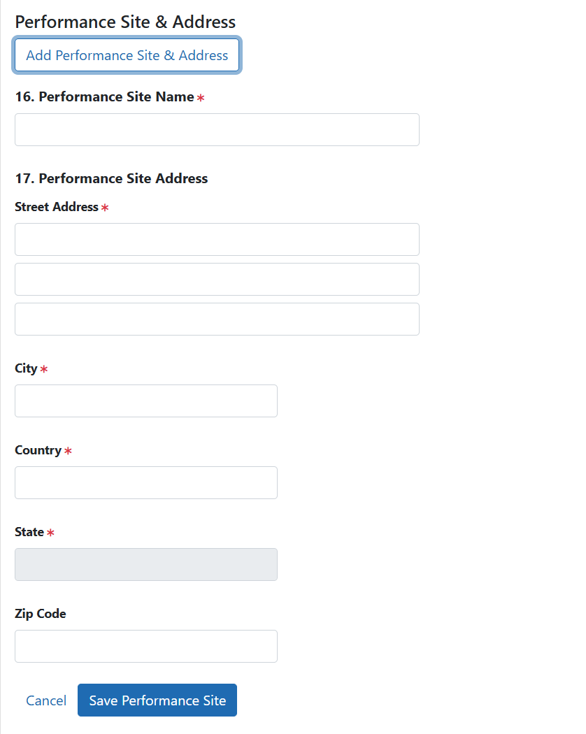 Performance Site & Address section