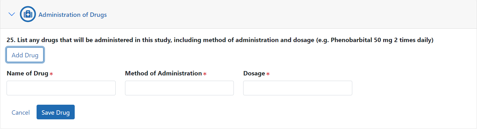 Administration of Drugs section showing the Add Drug button and initial questions