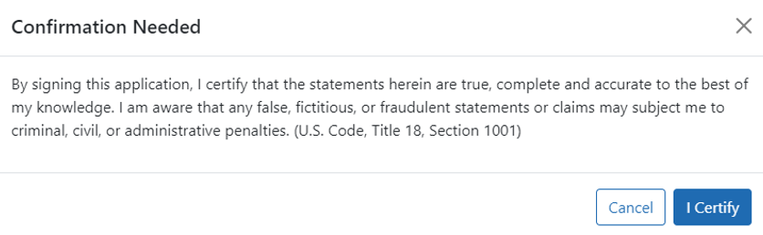 Confirmation message for assurance statements with "I Certify" button