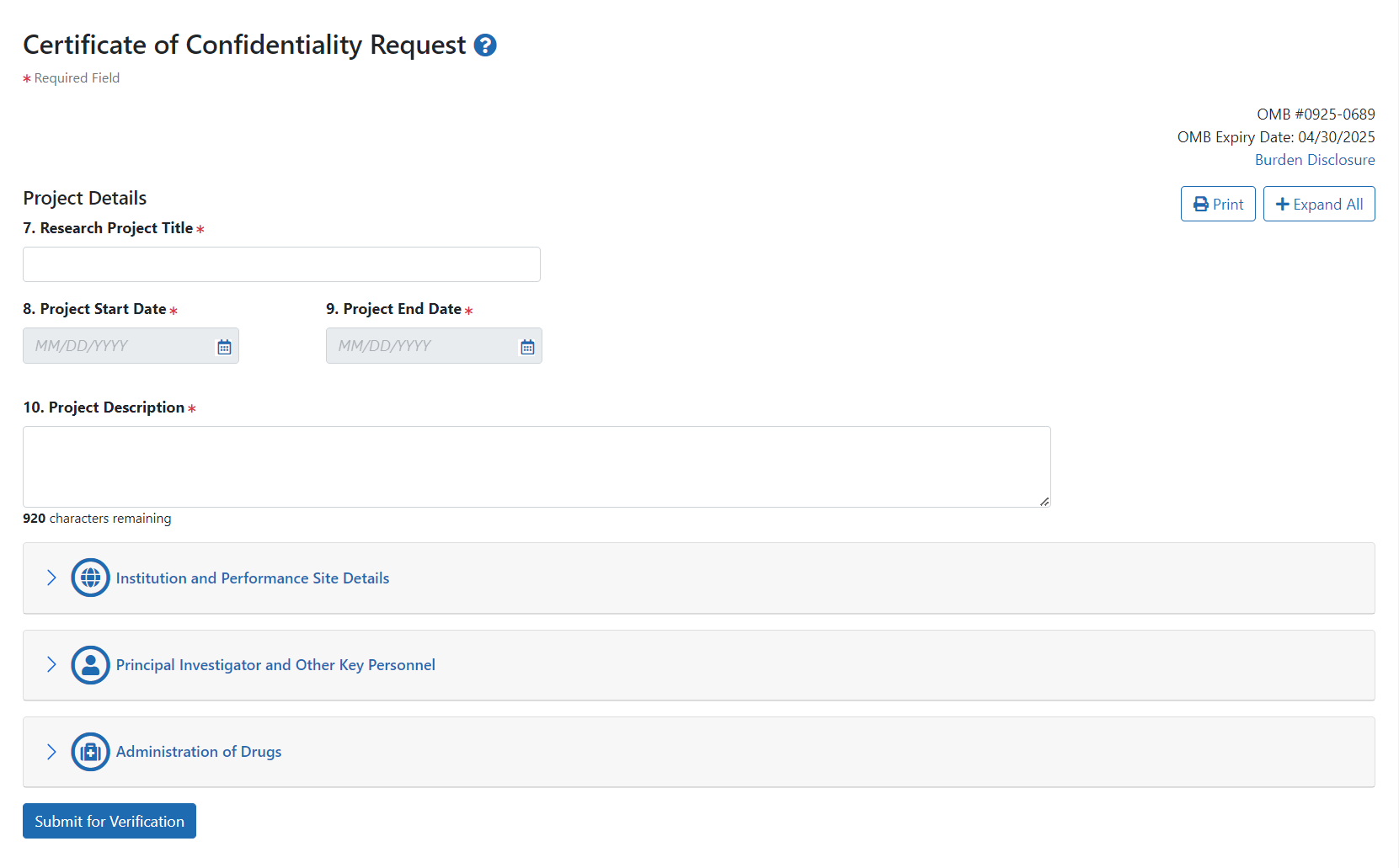 CoC Request screen for an eligible project, showing Project Details fields with the other sections collapsed