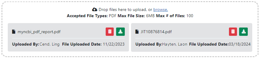 Uploaded files are listed in the Drop Files Here... area with a delete icon and a download icon
