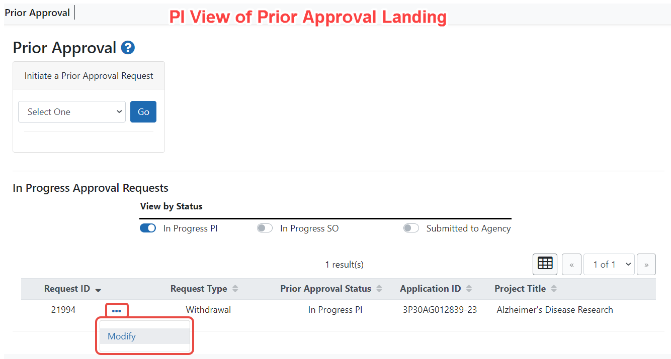 PI Landing Page for Prior Approval