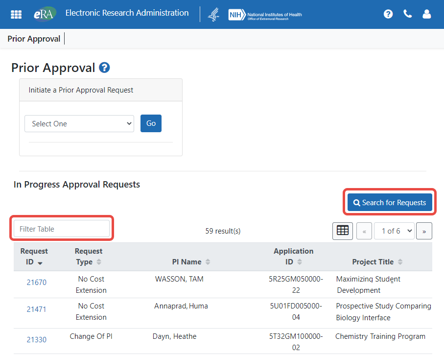 Prior Approval search results showing 'in progress' requests with Search button and filter field outlined