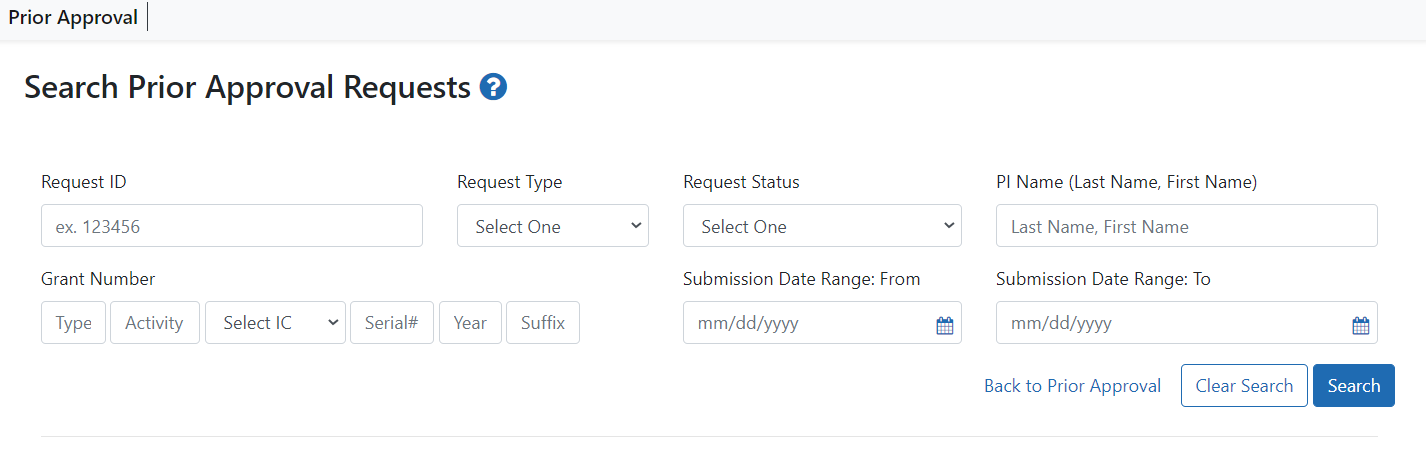 Search Prior Approval Requests screen - criteria for searching