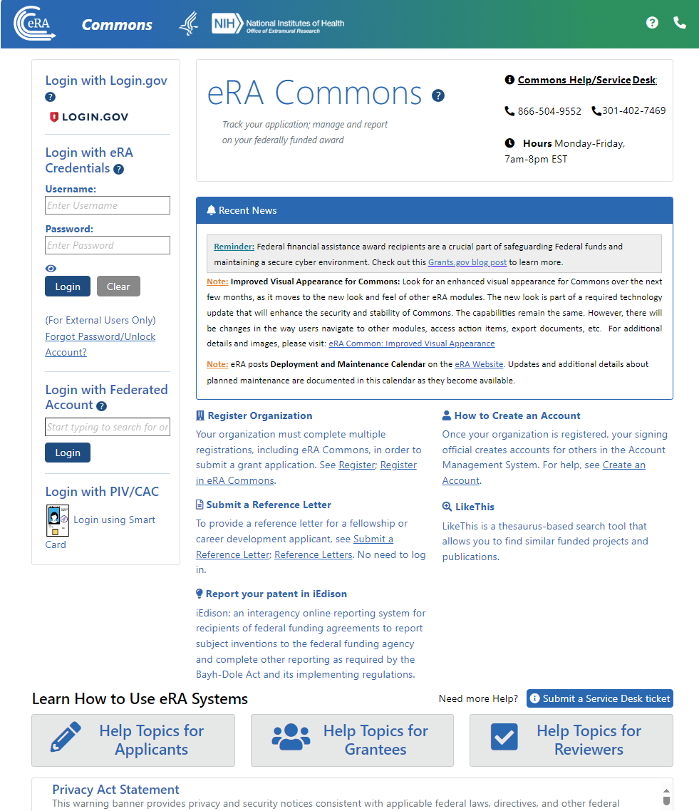 eRA Commons login screen