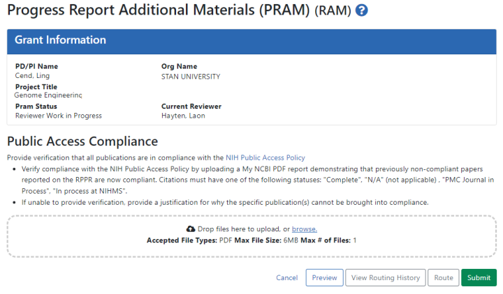 PRAM screen for Public Access Compliance showing the SO view of the screen with Submit button