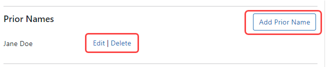 Prior Names section with Add Prior Names button and Edit and Delete links outlined