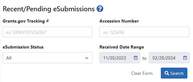 Recent/Pending eSubmissions search criteria for an SO