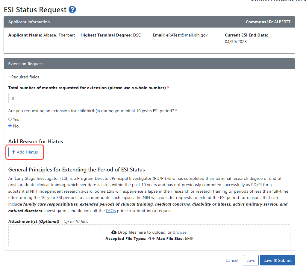 the ESI Status Request page