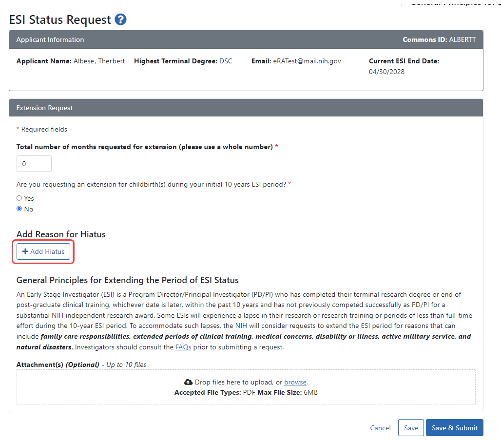 ESI Status Request screen with Add Hiatus button outlined