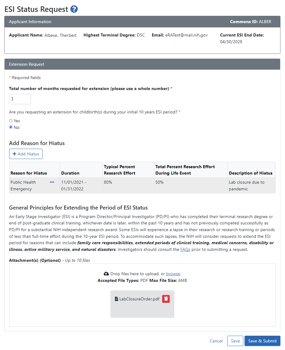 ESI Status Request screen with sample data entered