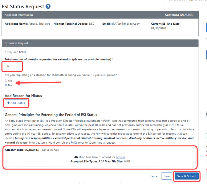 screenshot of an ESI Estension Request screen form