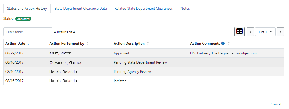 State Department Clearance Snapshot history tab