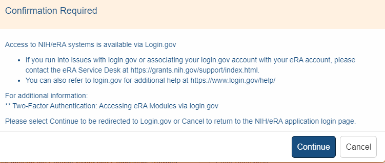 Access to NIH/eRA via login.gov confirmation message