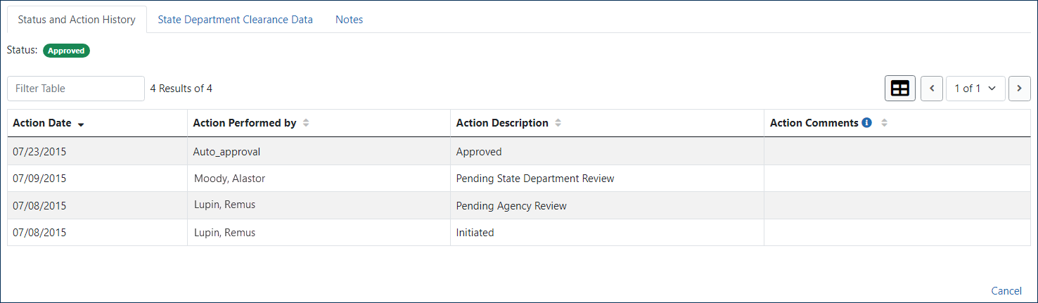 Status and Action History tab