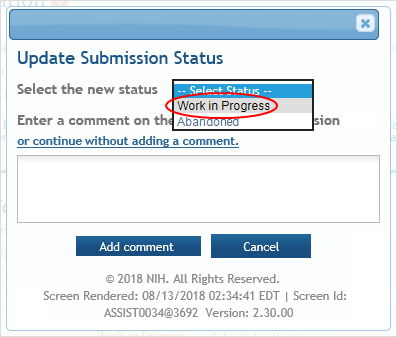 Screenshot of the Update Submission Status pop-up showing selection of WIP
