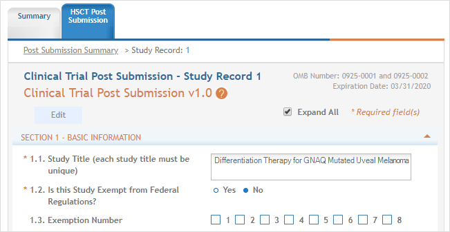 Screenshot of the Study Record opened in edit mode