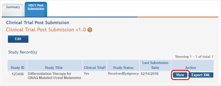 View button highlighted for Study on HSS Post Submission screen