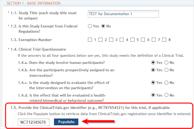 the ClinicalTrials.gov identifier (NCT number) should be entered in the field numbered 1.5.