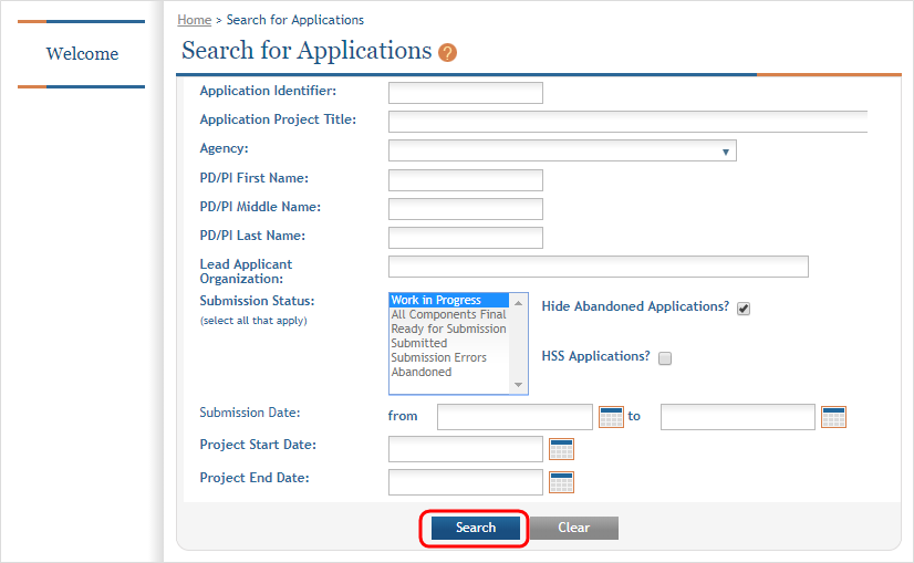 Search for Applications landing page when the Pending Human Subjects Action link is clicked