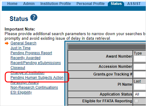 Pending Human Subjects Action link on Status page for SOs