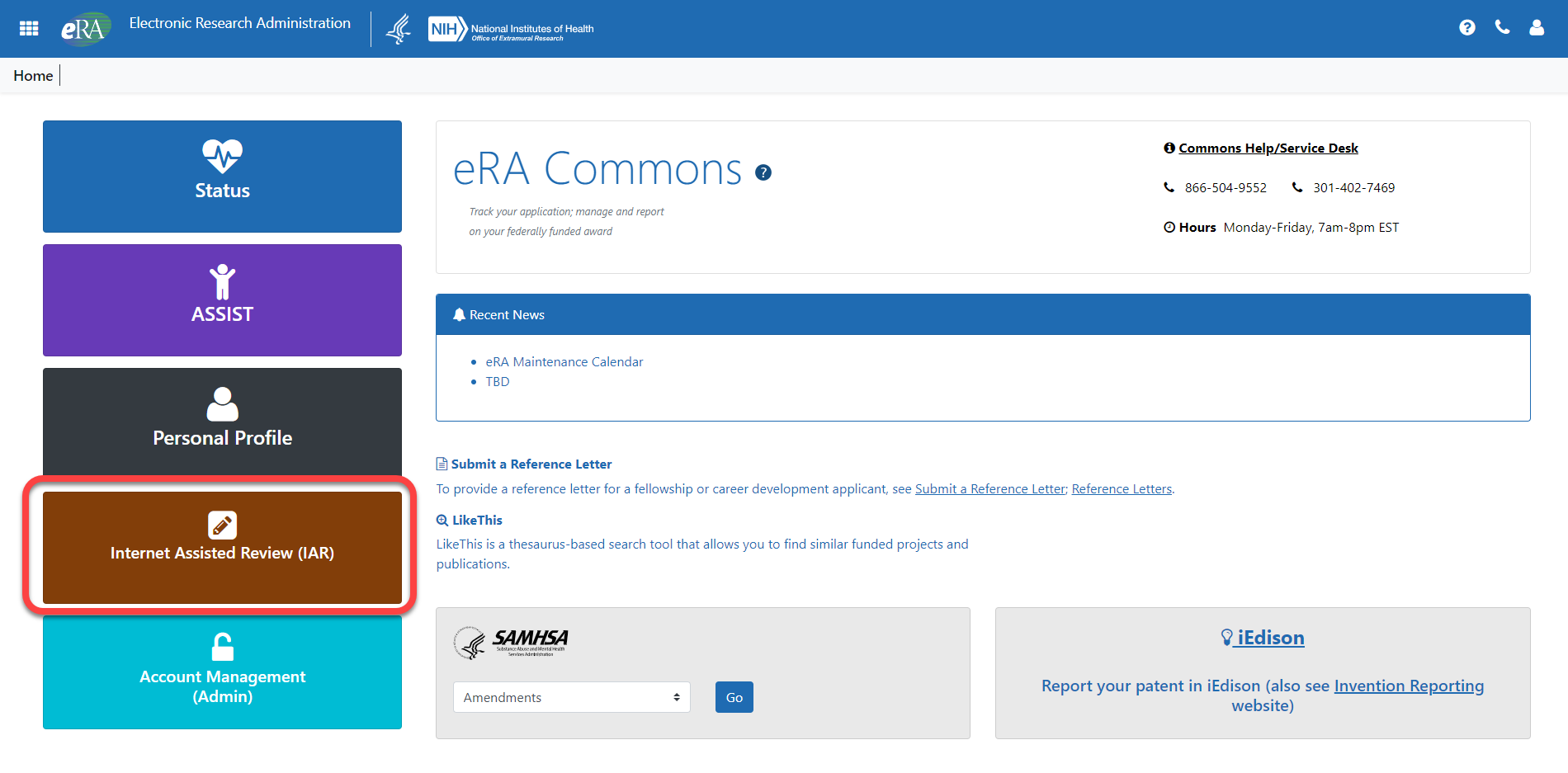eRA Commons landing page showing the IAR button