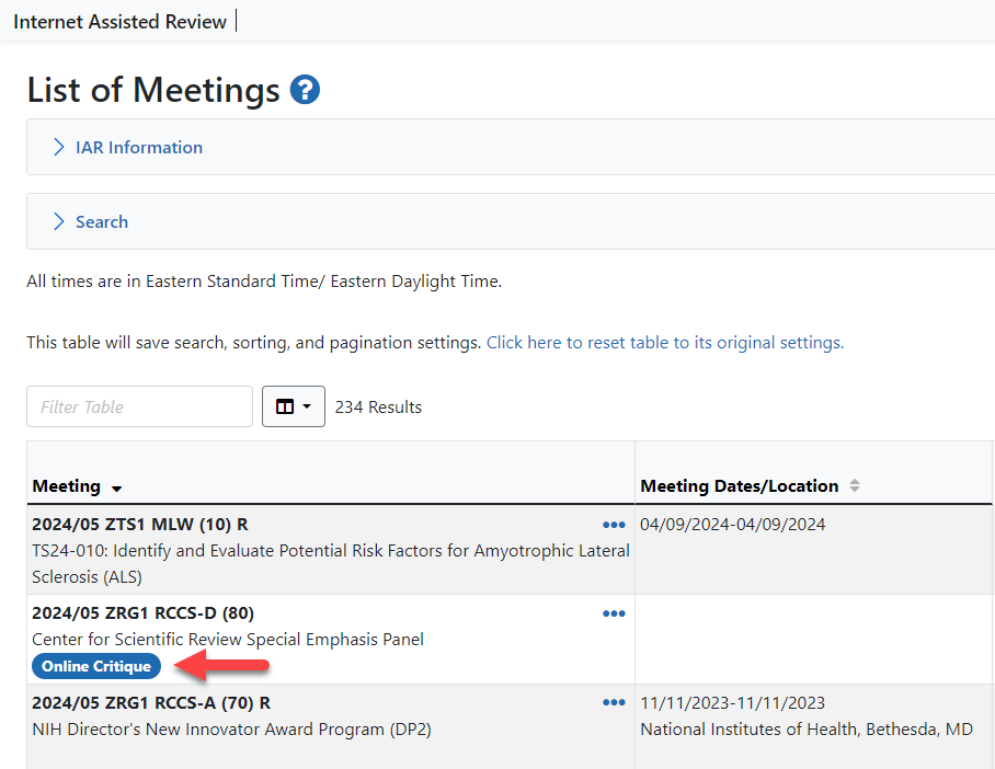 List of Meetings screen showing the Online Critique icon for meetings configured for online critiques