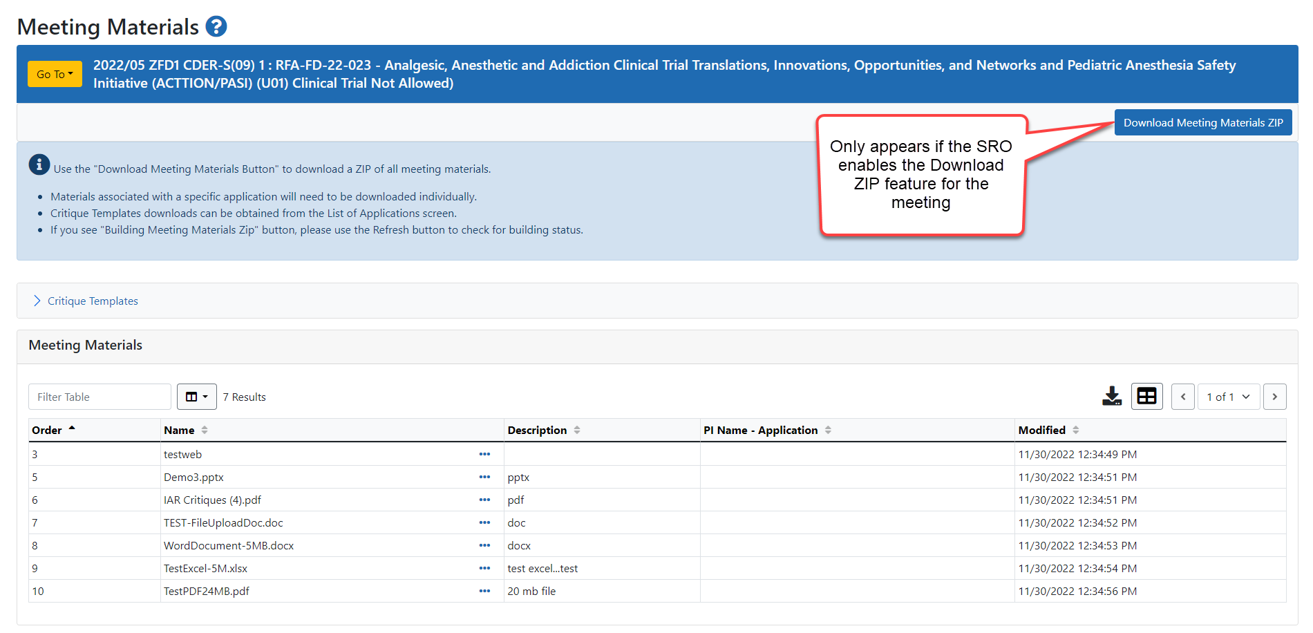 Meeting Materials screen ⁬ Download Meeting Materials ZIP button