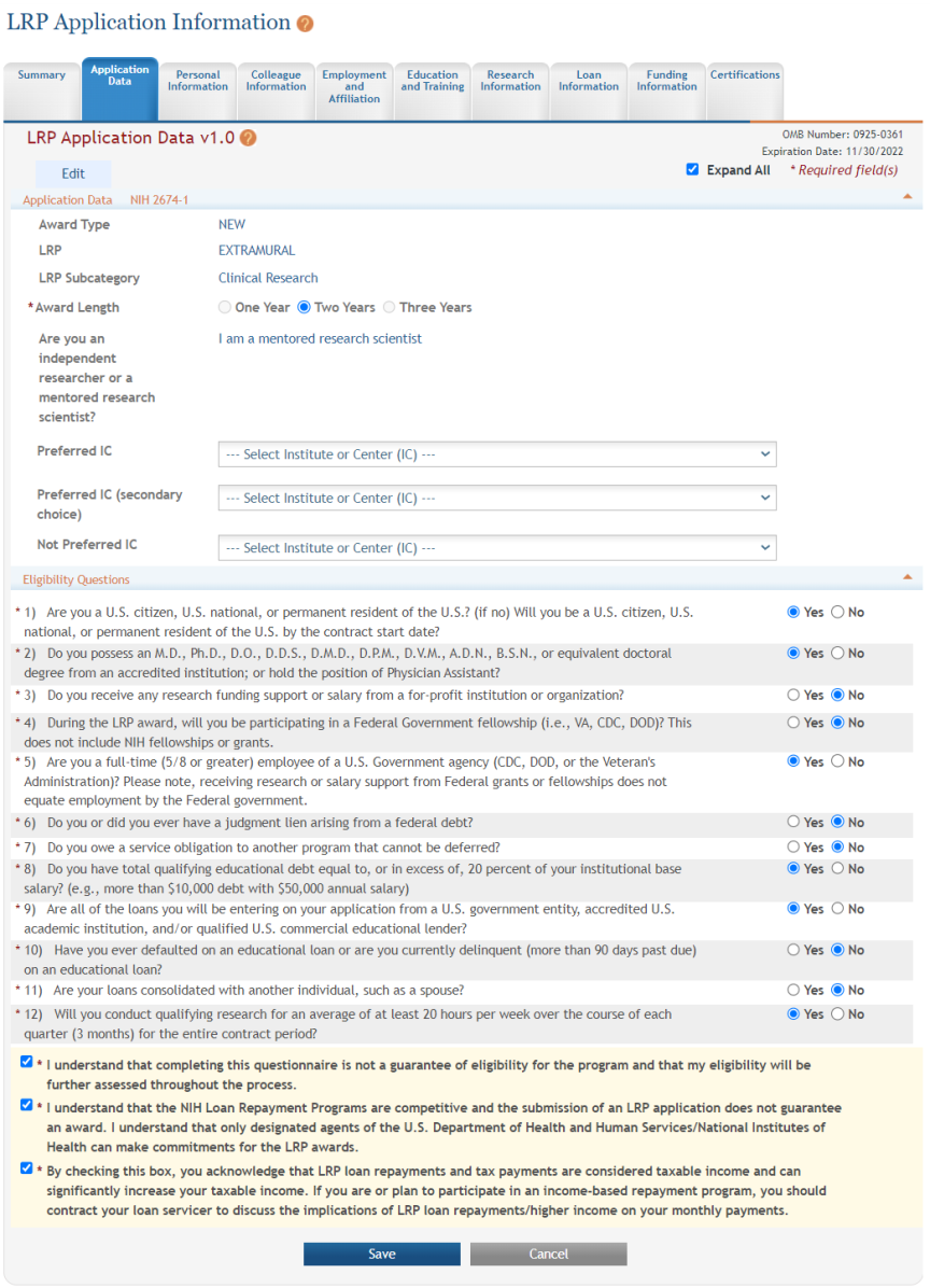 Application Data tab for LRP application