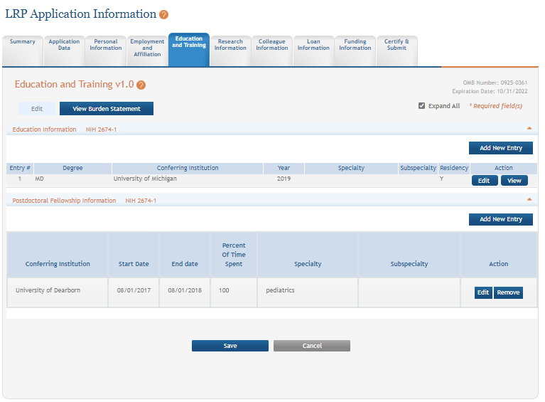 Education and Training form of LRP application