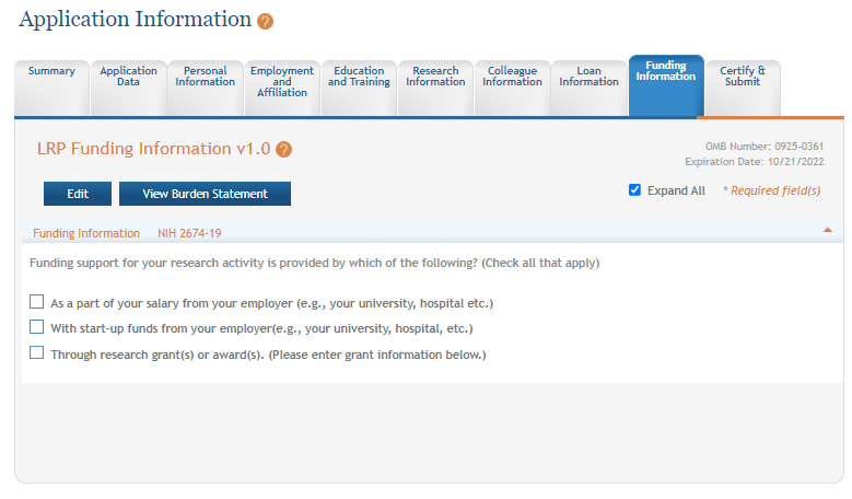 Funding Information screen of LRP application