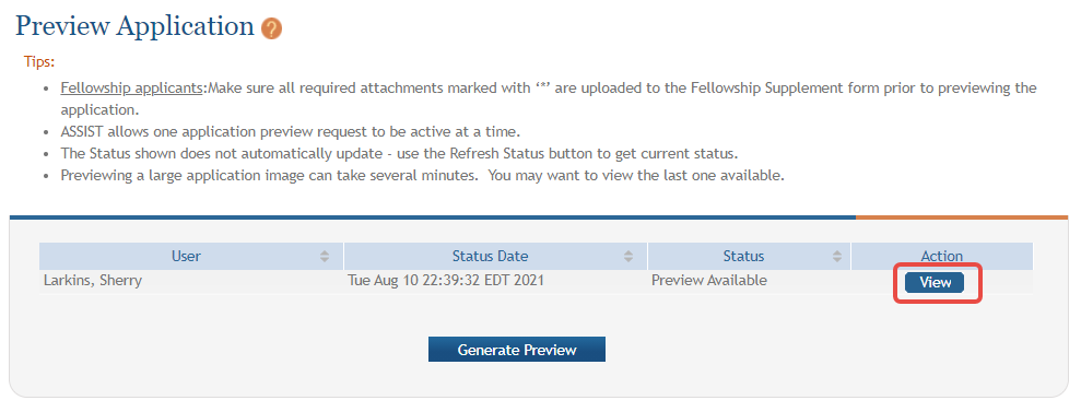 Preview Application Screen in ASSIST Showing View Action Button