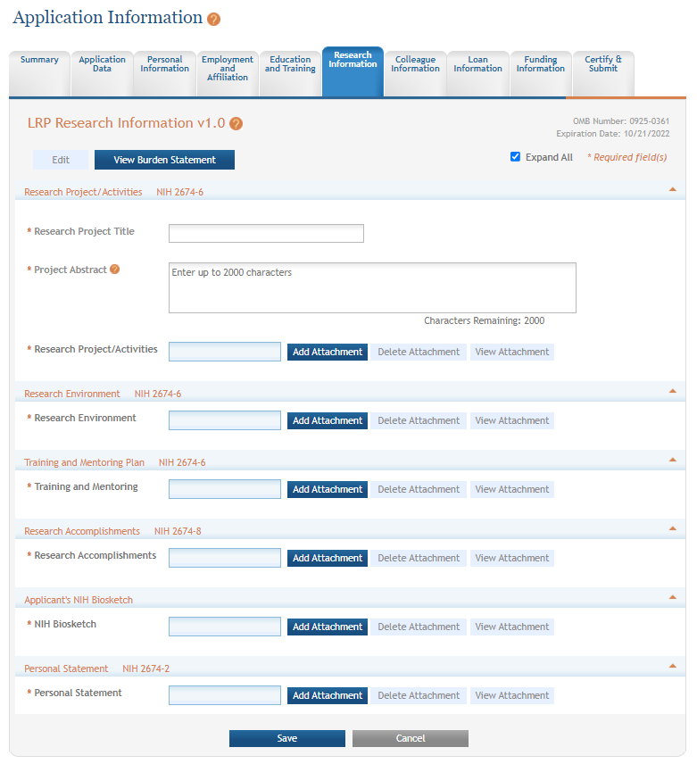 Research Information screen of LRP application