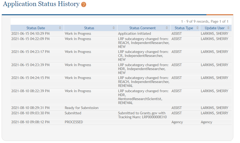 Application Status History in ASSIST